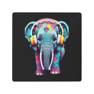Impresión En Metal Elefante bebé lindo con audífonos
