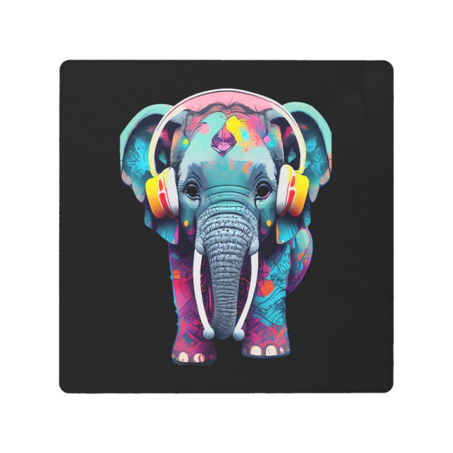 Impresión En Metal Elefante bebé lindo con audífonos (Anverso)