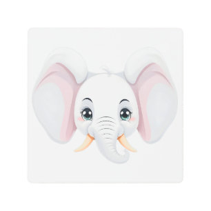Impresión En Metal Elefante de Bebé Blanco Mascota sonriente