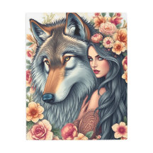 Elegant Woman with Wolf & Flowers Metal Art Print