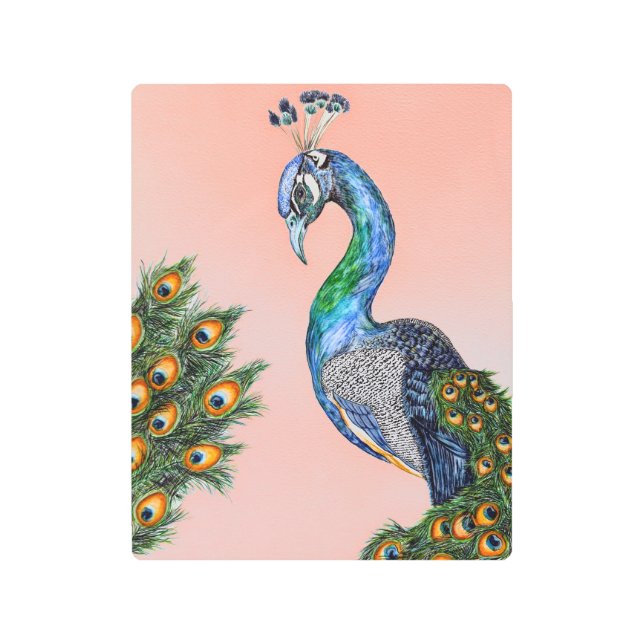 Impresión En Metal Elegante acuarela Peacock Tropical Peach (Anverso)