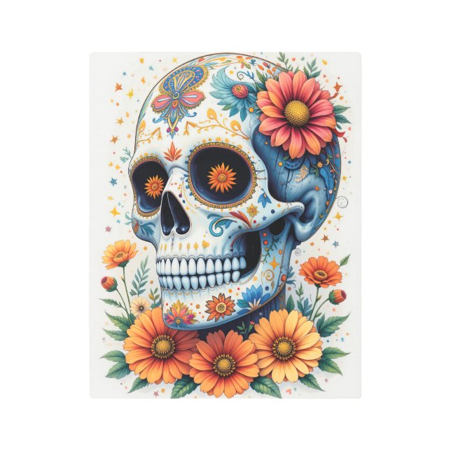Impresión En Metal Elegante cráneo de azúcar con flores (Anverso)