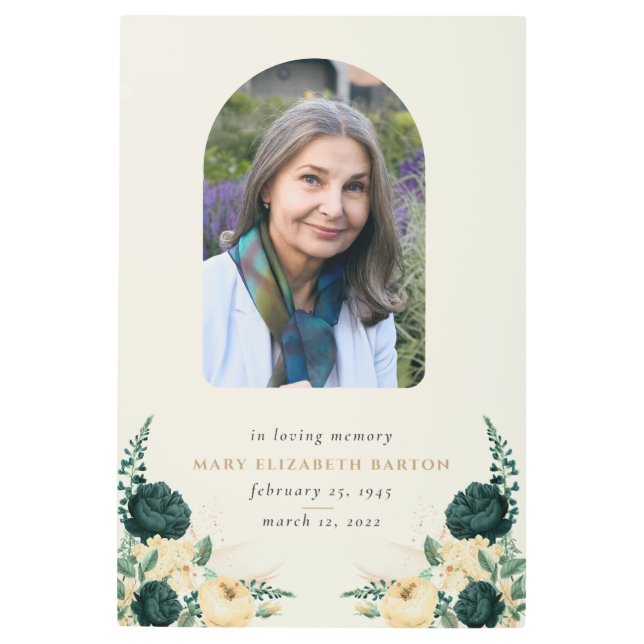 Impresión En Metal Elegante foto conmemorativa floral crema Verde azu (Anverso)