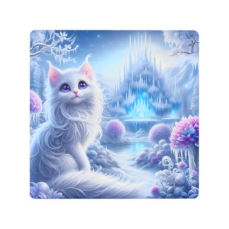 Impresión En Metal Elegante gato blanco en un reino mágico nevado