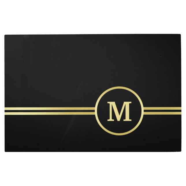 Impresión En Metal Elegante oro Monograma personalizado sobre negro (Anverso)