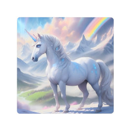 Impresión En Metal Elegante unicornio de cuento de hadas en un valle