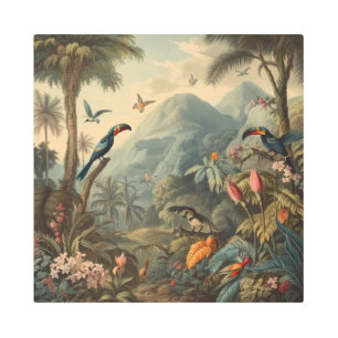 Impresión En Metal Escena botánica vintage de los tucanes y las flore