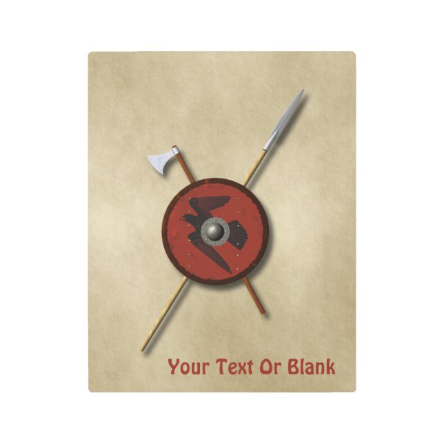 Impresión En Metal Escudo De Raven Viking Y Armas (Anverso)