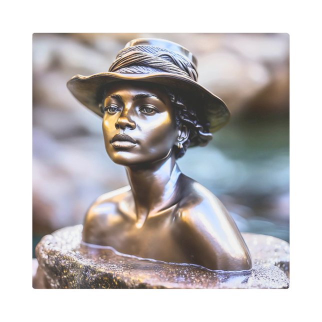Impresión En Metal Estatua de bronce de una mujer negra con un gorra  (Anverso)