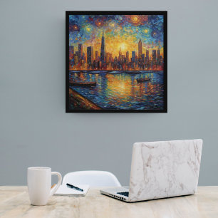 Impresión En Metal Estilo Van Gogh del Skyline de la ciudad de Nueva 