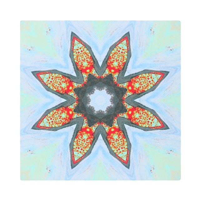 Impresión En Metal Estrella roja Naranja flor en azul (Anverso)