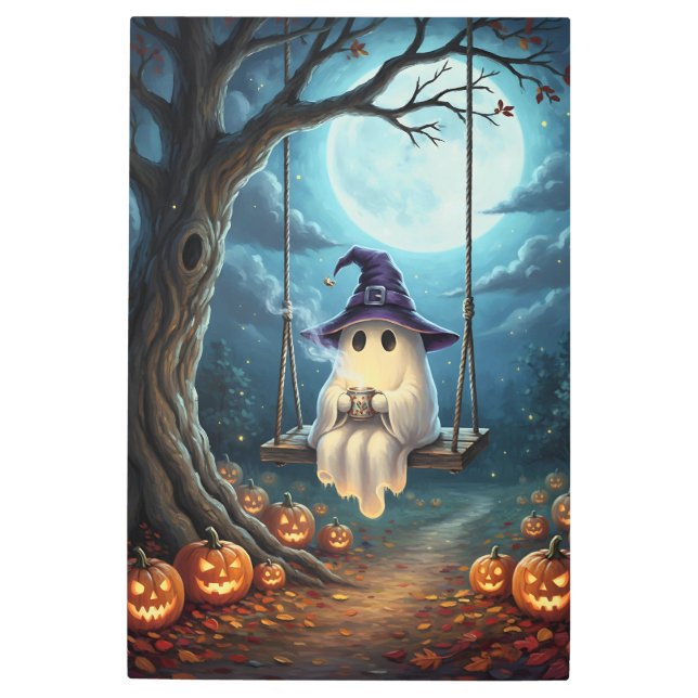 Impresión En Metal Fantasma de Halloween al cantar con café (Anverso)