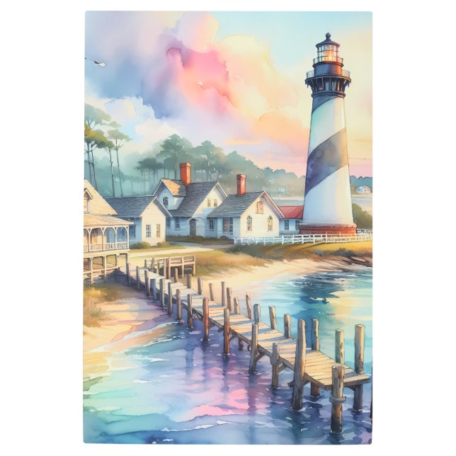 Impresión En Metal Faro costero y cabañas de playa (Anverso)