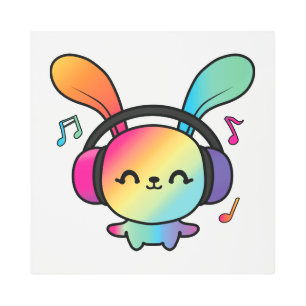 Impresión En Metal Feliz Conejo con auriculares escuchando música.