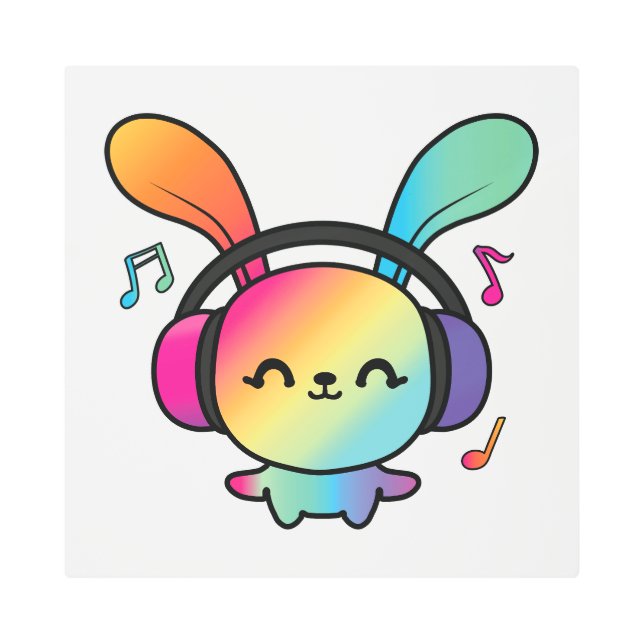 Impresión En Metal Feliz Conejo con auriculares escuchando música. (Anverso)