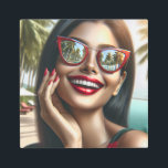 Impresión En Metal Feliz Dama en un paraíso tropical<br><div class="desc">Una hermosa mujer feliz sonriendo con labios rojos y gafas de sol con un reflejo de palmeras en ellas.</div>