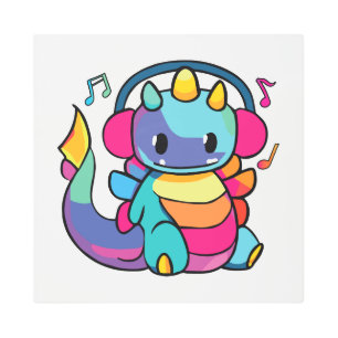 Impresión En Metal Feliz dragón con auriculares escuchando música.