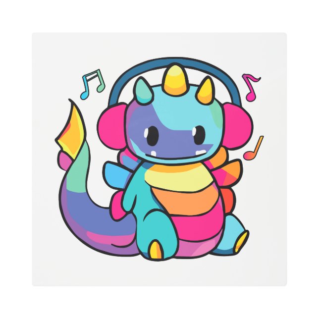 Impresión En Metal Feliz dragón con auriculares escuchando música. (Anverso)