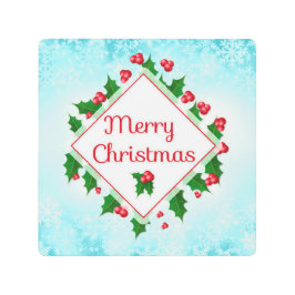 Impresión En Metal Feliz Navidad Holly y Snowflakes Retro