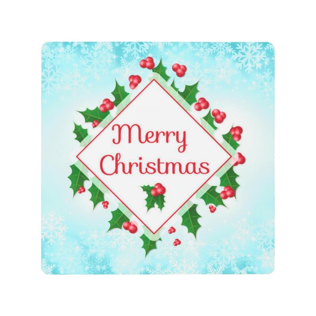 Impresión En Metal Feliz Navidad Holly y Snowflakes Retro (Anverso)