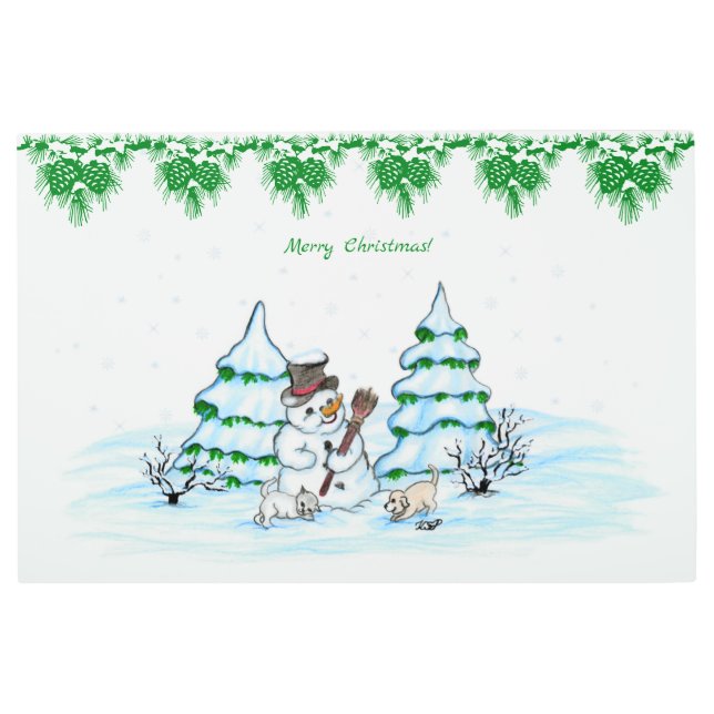 Impresión En Metal ¡Feliz Navidad! Hombre de nieve con gato y cachorr (Anverso)