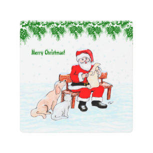 Impresión En Metal Feliz Navidad - Papá Noel con gato y perro