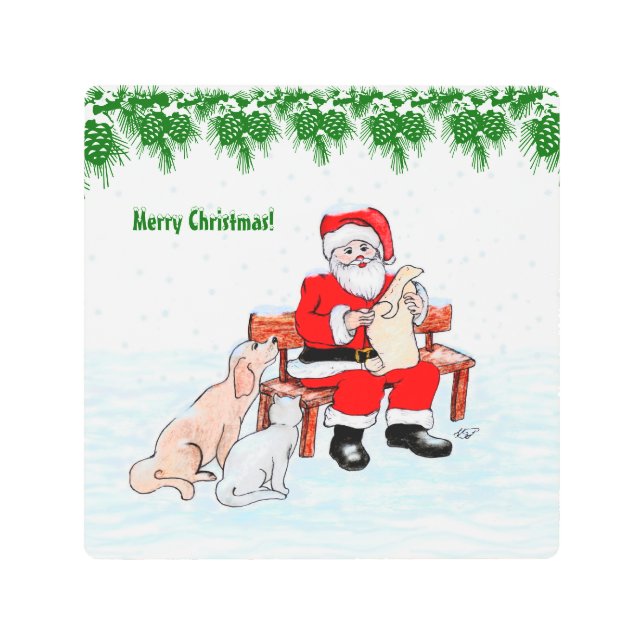 Impresión En Metal Feliz Navidad - Papá Noel con gato y perro (Anverso)
