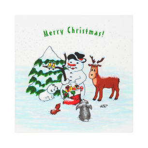 Impresión En Metal ¡Feliz Navidad! Snowman con sus amigos