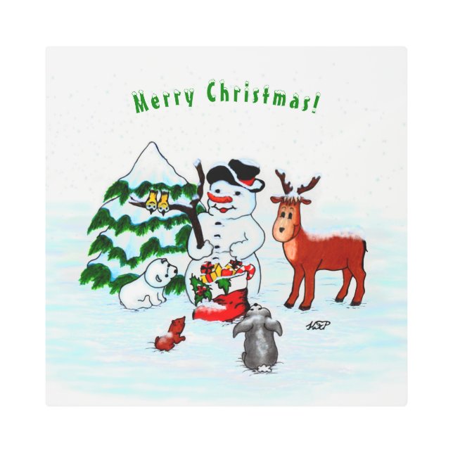 Impresión En Metal ¡Feliz Navidad! Snowman con sus amigos (Anverso)