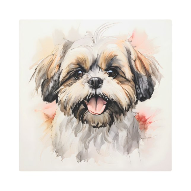 Impresión En Metal Feliz retrato de tinta shih-tzu (Anverso)