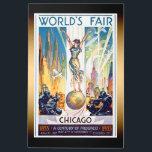 Impresión En Metal Feria Mundial de Chicago de 1933 - Art Deco retro<br><div class="desc">Hermoso poster retro Art Deco vintage de la Feria Mundial del Progreso de 1933 - Un siglo de progreso,  que muestra a mujeres paradas en el planeta Tierra entre líneas aéreas,  aviones y baches.</div>
