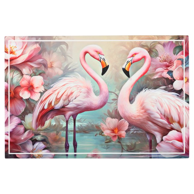Impresión En Metal Flamencos rosas en un lago con flores-20231 (Anverso)