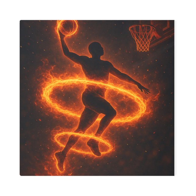 Impresión En Metal Flaming Basketball Dunk Art – Fire Athlete (Anverso)