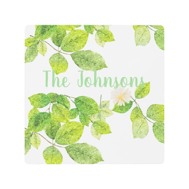 Impresión En Metal Flor blanca y jardín de hojas verdes (Anverso)