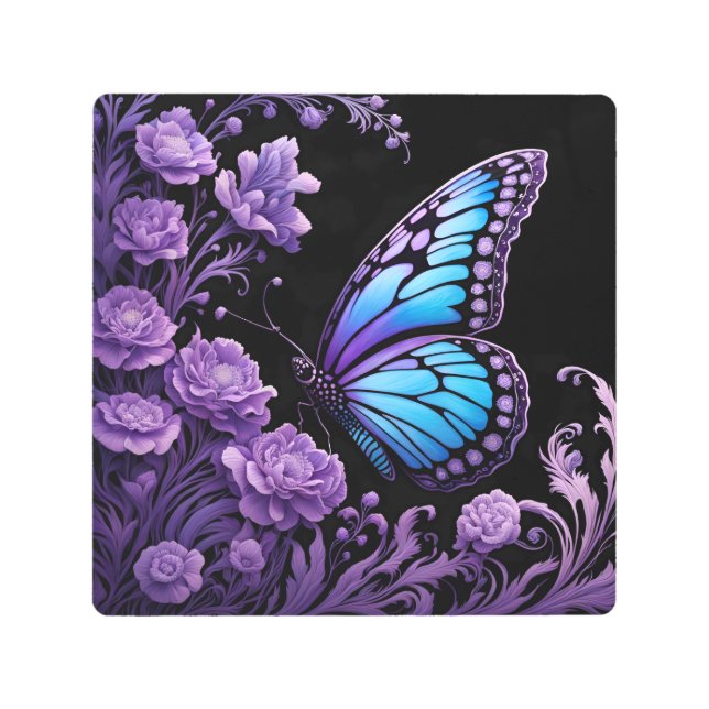 Impresión En Metal Flor de mariposa azul y púrpura (Anverso)