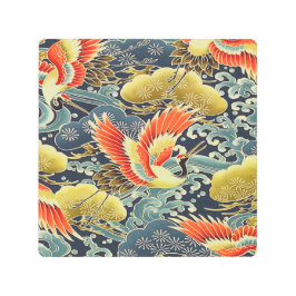 Impresión En Metal Flor floral de kimono japonesa azul de oro vintage