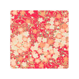 Impresión En Metal Flor floral de Kimono japonesa de oro rojo vintage