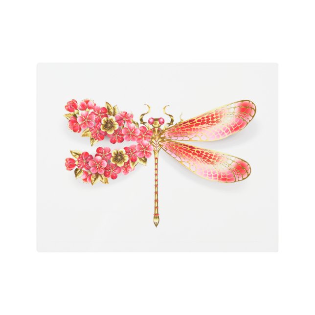 Impresión En Metal Flor libélula con sakura de joyas (Anverso)