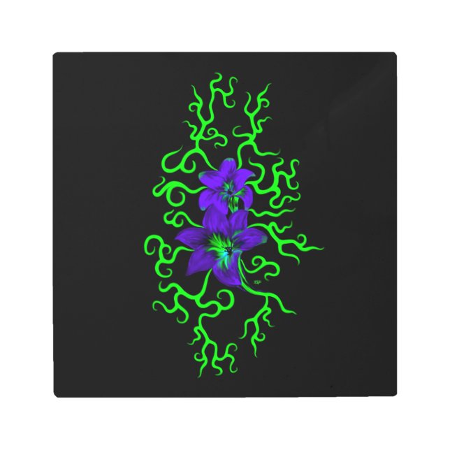 Impresión En Metal Flor morada lirio en negro (Anverso)