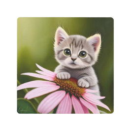 Impresión En Metal Floral lindo gato gris