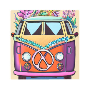 Impresión En Metal Floral Retro Hippie Van Vintage Art