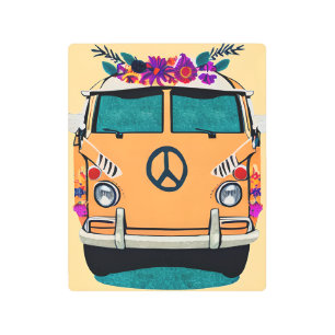 Impresión En Metal Floral Retro Hippie Van Vintage Art