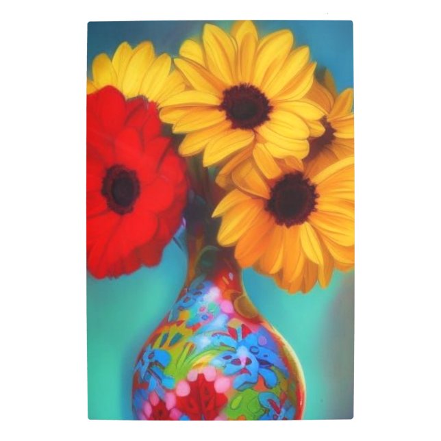 Impresión En Metal Florero con flores naranjas y amarillas (Anverso)