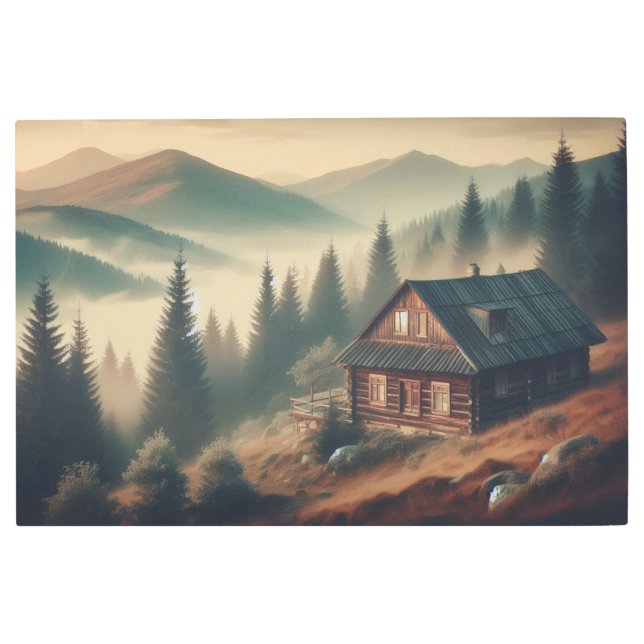 Impresión En Metal  Foggy Pines Around Dawn Cabin – Metal Print (Anverso)