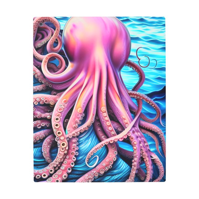 Impresión En Metal Fondo de Ola Azul Octopus Rosa (Anverso)