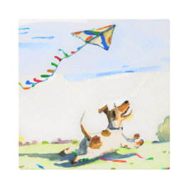 Impresión En Metal Fox Terrier persiguiendo a un cometa en la acuarel