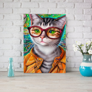 Impresión En Metal Funky Retro Cute gato con artículos de vidrio
