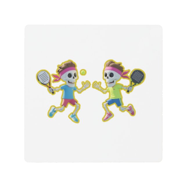 Impresión En Metal Funny Cartoon Skeletons Playing Padel Tennis – 3D  (Anverso)