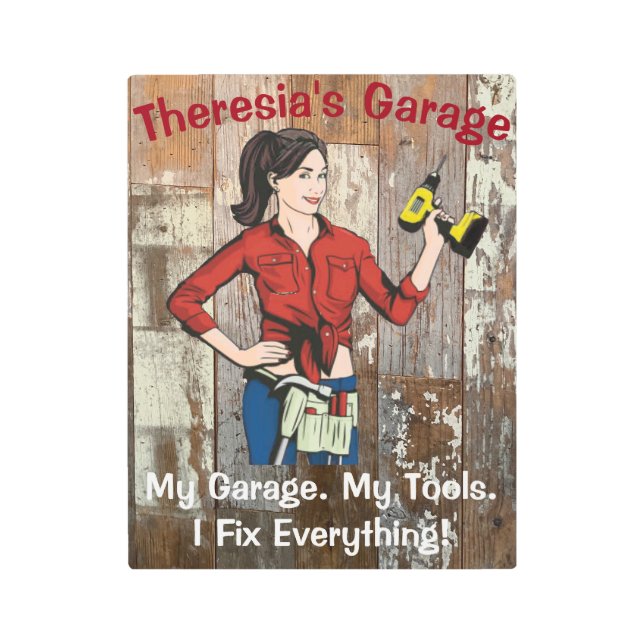Impresión En Metal Garaje de mujer "arreglo todo" (Anverso)