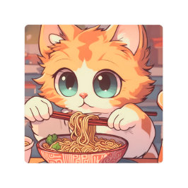 Impresión En Metal Gato Adorable comiendo Ramen
